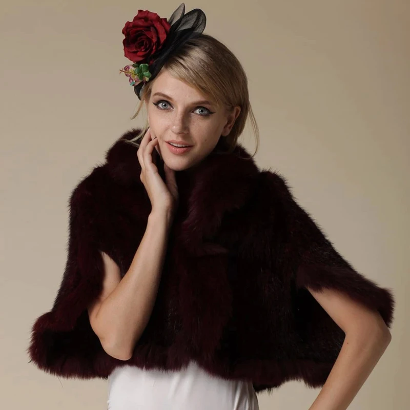 New Real Genuine Natural Knitted Mink Fur Shawl Coat With Fox Fur Collar Women's Fashion Knit Jacket Cape