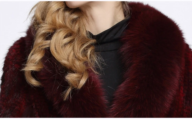 New Real Genuine Natural Knitted Mink Fur Shawl Coat With Fox Fur Collar Women's Fashion Knit Jacket Cape