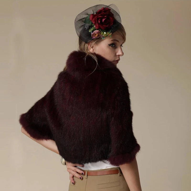 New Real Genuine Natural Knitted Mink Fur Shawl Coat With Fox Fur Collar Women's Fashion Knit Jacket Cape