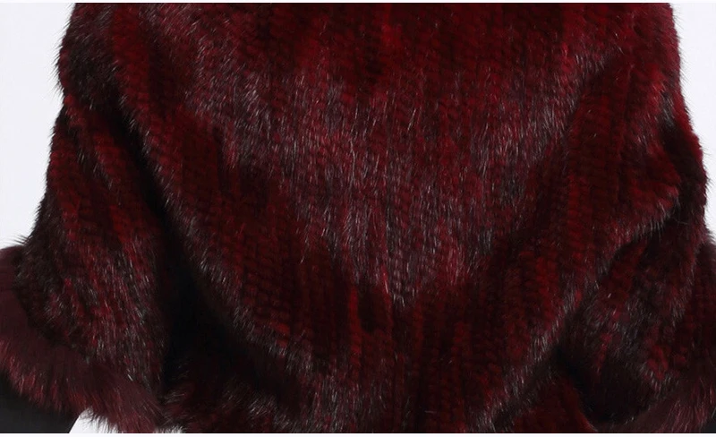 New Real Genuine Natural Knitted Mink Fur Shawl Coat With Fox Fur Collar Women's Fashion Knit Jacket Cape
