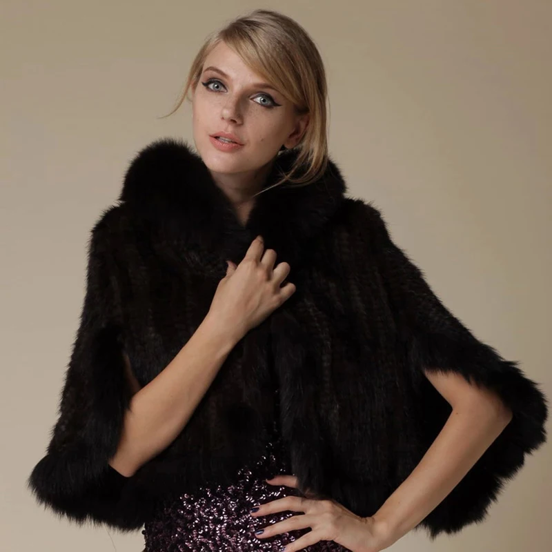New Real Genuine Natural Knitted Mink Fur Shawl Coat With Fox Fur Collar Women's Fashion Knit Jacket Cape
