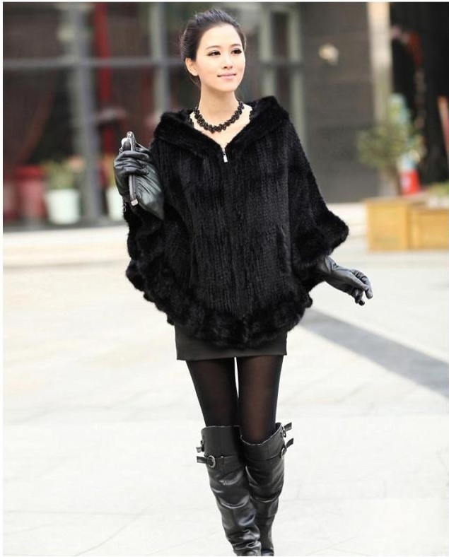 Fashion Women Fur Shawl Winter Knitted Real Mink Fur Stole With Fur Hood Knitted Mink Poncho Pashmina