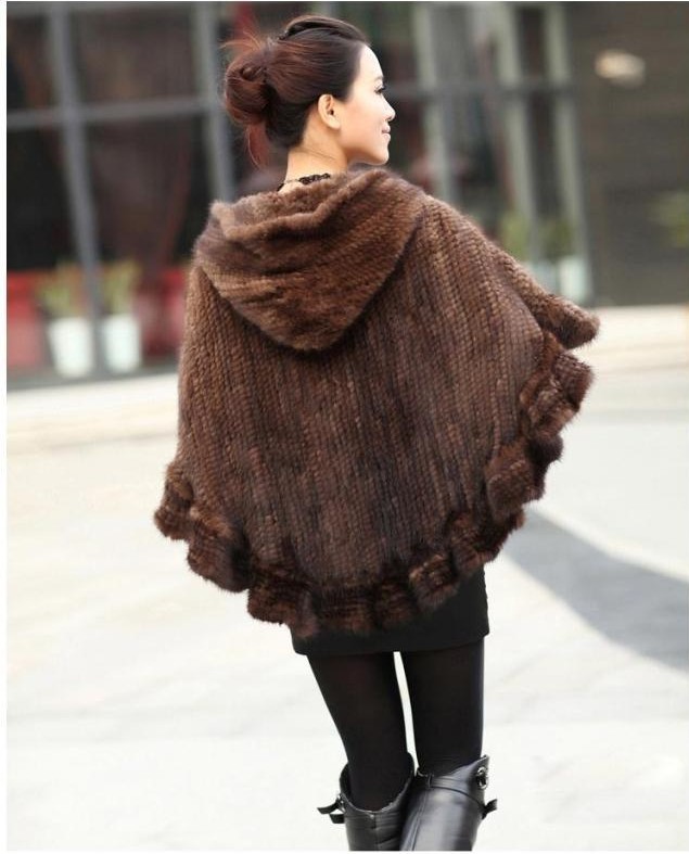 Fashion Women Fur Shawl Winter Knitted Real Mink Fur Stole With Fur Hood Knitted Mink Poncho Pashmina