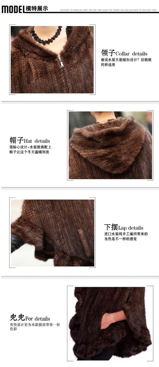 Fashion Women Fur Shawl Winter Knitted Real Mink Fur Stole With Fur Hood Knitted Mink Poncho Pashmina