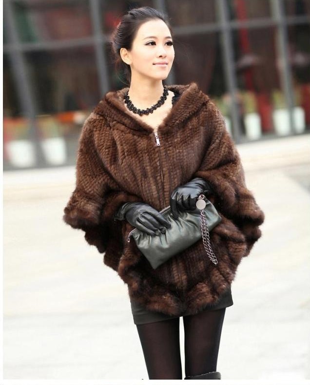 Fashion Women Fur Shawl Winter Knitted Real Mink Fur Stole With Fur Hood Knitted Mink Poncho Pashmina