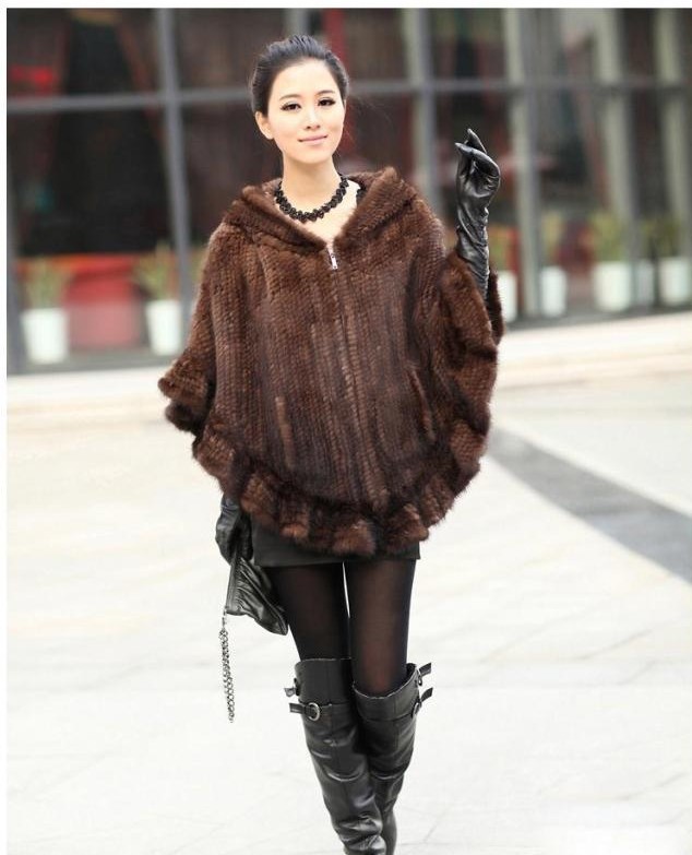 Fashion Women Fur Shawl Winter Knitted Real Mink Fur Stole With Fur Hood Knitted Mink Poncho Pashmina
