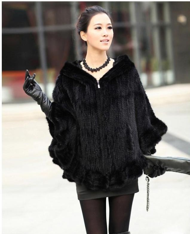 Fashion Women Fur Shawl Winter Knitted Real Mink Fur Stole With Fur Hood Knitted Mink Poncho Pashmina