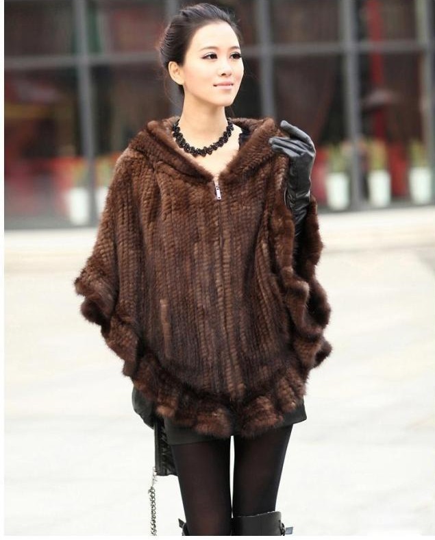 Fashion Women Fur Shawl Winter Knitted Real Mink Fur Stole With Fur Hood Knitted Mink Poncho Pashmina