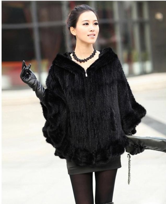 Fashion Women Fur Shawl Winter Knitted Real Mink Fur Stole With Fur Hood Knitted Mink Poncho Pashmina