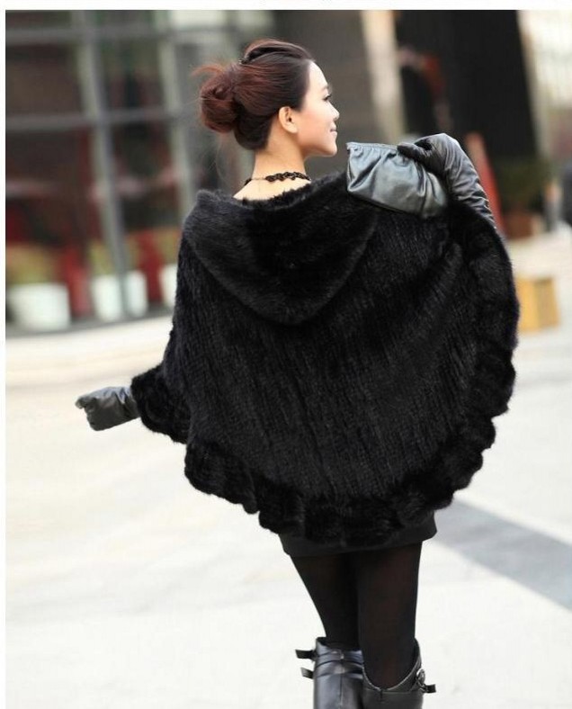 Fashion Women Fur Shawl Winter Knitted Real Mink Fur Stole With Fur Hood Knitted Mink Poncho Pashmina