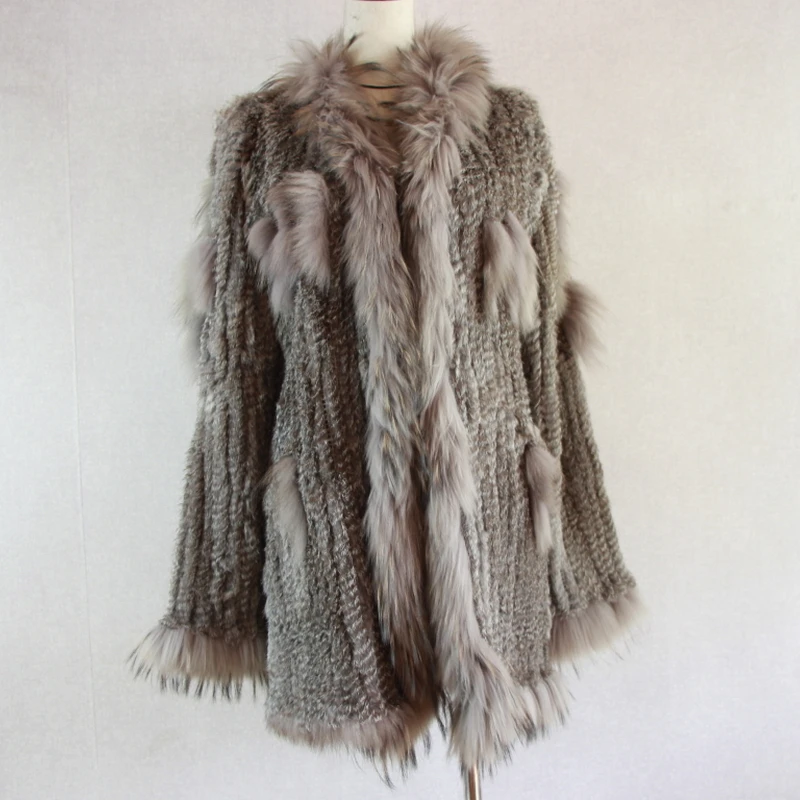 Spain Russia USA Canada popular Women knitted real genuine real rabbit fur coat overcoat jackets garment raccoon collar