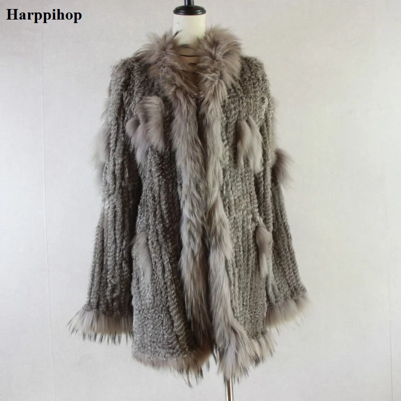 Spain Russia USA Canada popular Women knitted real genuine real rabbit fur coat overcoat jackets garment raccoon collar