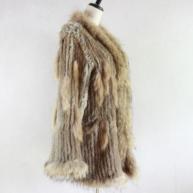 Spain Russia USA Canada popular Women knitted real genuine real rabbit fur coat overcoat jackets garment raccoon collar