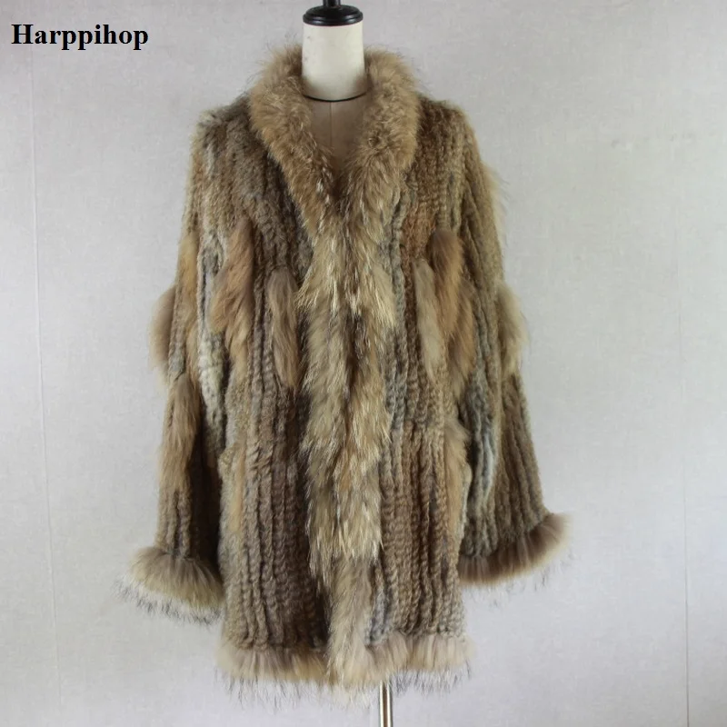 Spain Russia USA Canada popular Women knitted real genuine real rabbit fur coat overcoat jackets garment raccoon collar