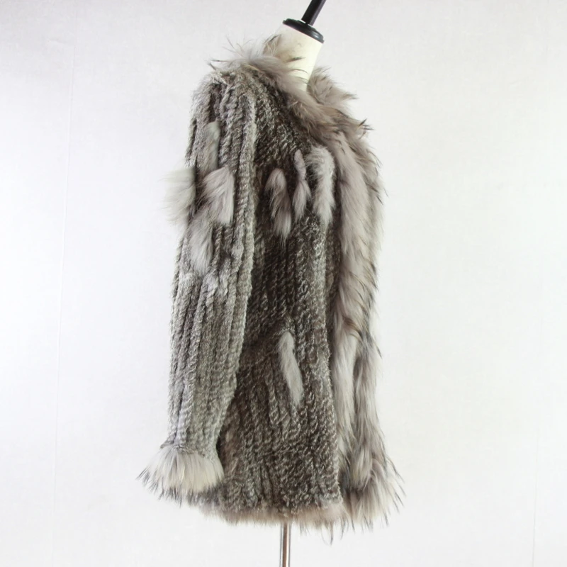 Spain Russia USA Canada popular Women knitted real genuine real rabbit fur coat overcoat jackets garment raccoon collar