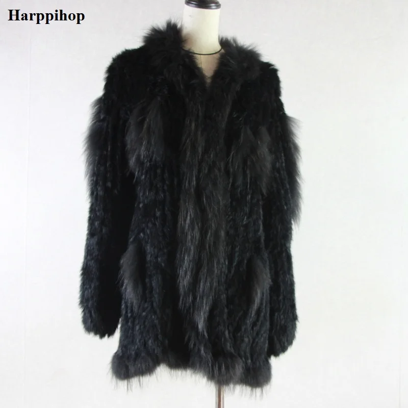 Spain Russia USA Canada popular Women knitted real genuine real rabbit fur coat overcoat jackets garment raccoon collar