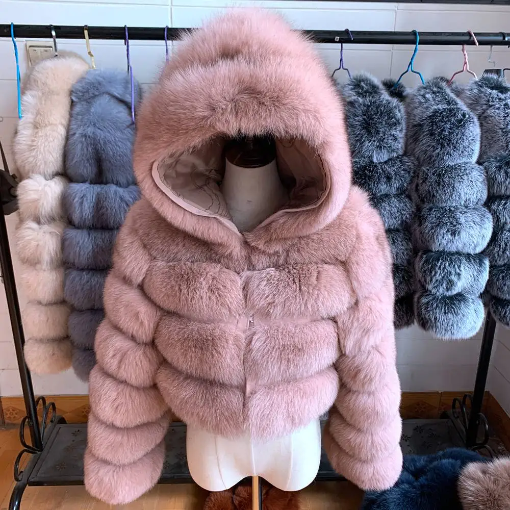 2026 Women's Real Fox Fur Coat Natural Warm Thick High Quality Full Sleeve Hooded Short Jacket Fashionable Winter Outerwear