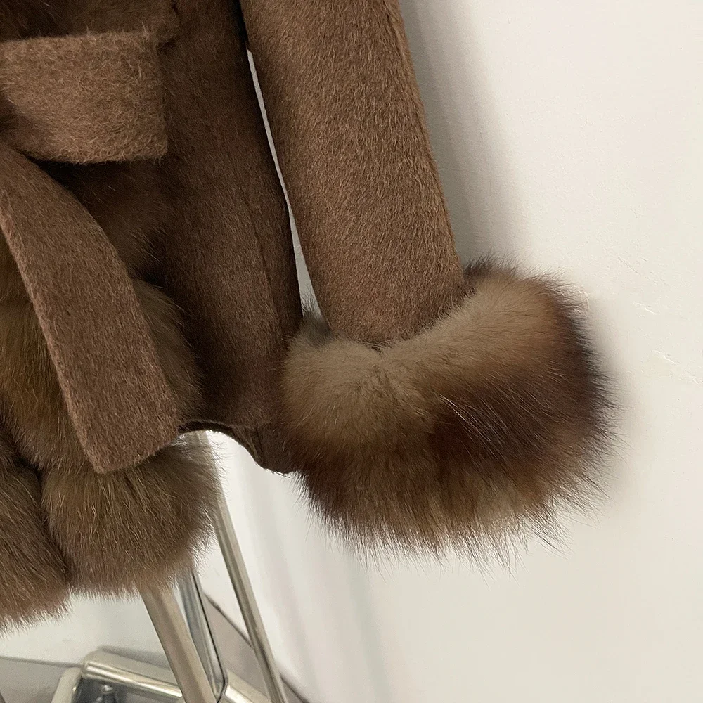 OFTBUY New Luxury Warm Winter Clothing with Natural Fox Fur Women 100% Wool Coat Belted Waist Real Fox Fur Woolen Jacket Female