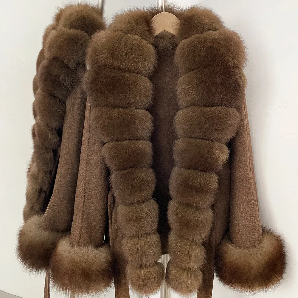 OFTBUY New Luxury Warm Winter Clothing with Natural Fox Fur Women 100% Wool Coat Belted Waist Real Fox Fur Woolen Jacket Female