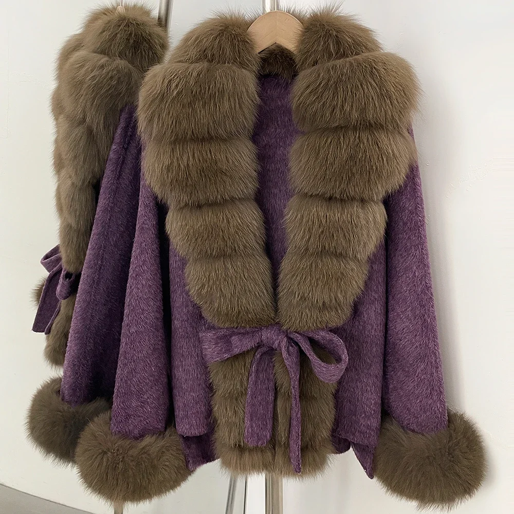 OFTBUY New Luxury Warm Winter Clothing with Natural Fox Fur Women 100% Wool Coat Belted Waist Real Fox Fur Woolen Jacket Female