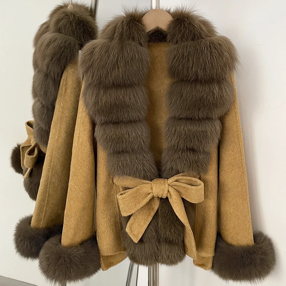 OFTBUY New Luxury Warm Winter Clothing with Natural Fox Fur Women 100% Wool Coat Belted Waist Real Fox Fur Woolen Jacket Female