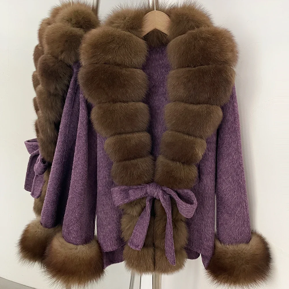 OFTBUY New Luxury Warm Winter Clothing with Natural Fox Fur Women 100% Wool Coat Belted Waist Real Fox Fur Woolen Jacket Female