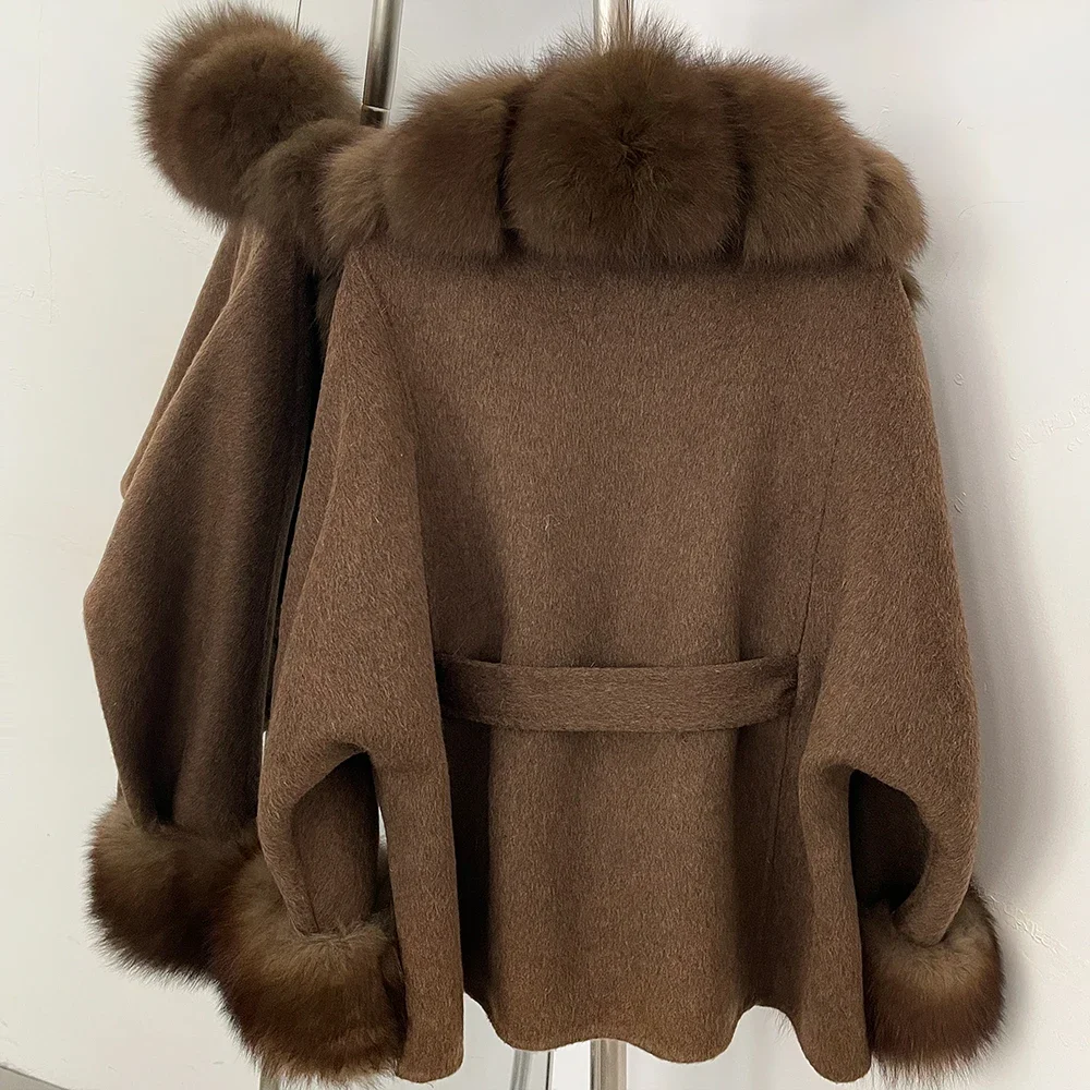 OFTBUY New Luxury Warm Winter Clothing with Natural Fox Fur Women 100% Wool Coat Belted Waist Real Fox Fur Woolen Jacket Female