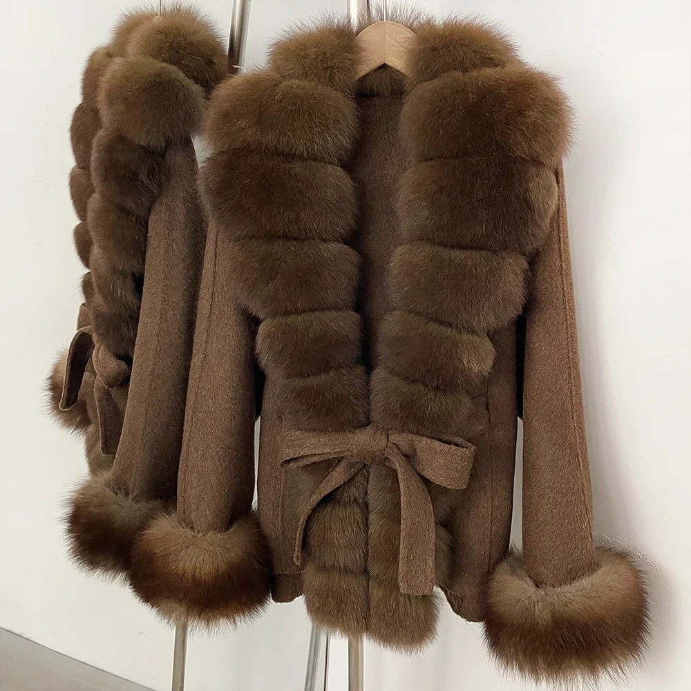 OFTBUY New Luxury Warm Winter Clothing with Natural Fox Fur Women 100% Wool Coat Belted Waist Real Fox Fur Woolen Jacket Female