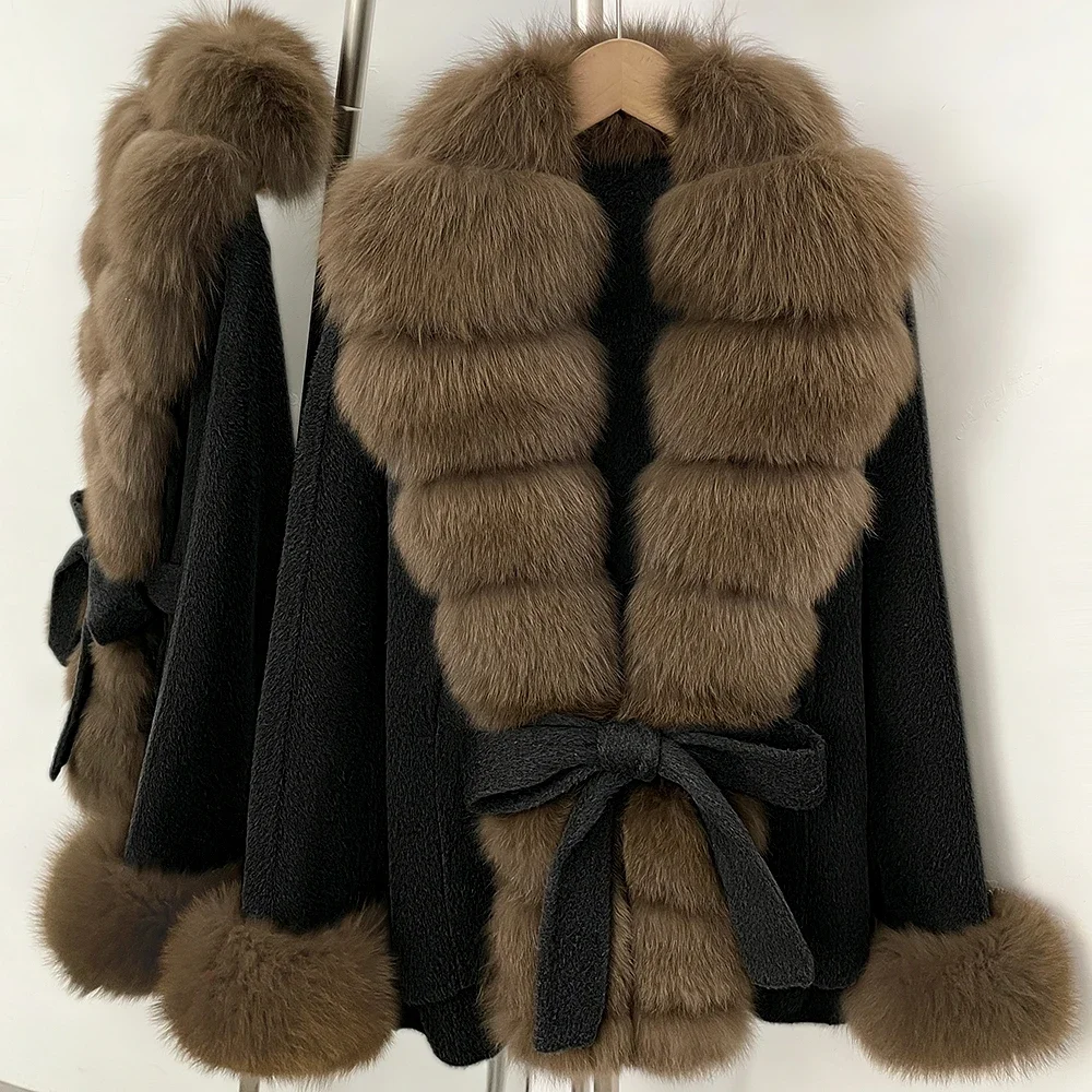 OFTBUY New Luxury Warm Winter Clothing with Natural Fox Fur Women 100% Wool Coat Belted Waist Real Fox Fur Woolen Jacket Female