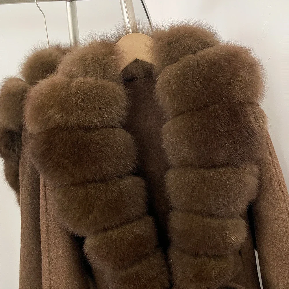 OFTBUY New Luxury Warm Winter Clothing with Natural Fox Fur Women 100% Wool Coat Belted Waist Real Fox Fur Woolen Jacket Female
