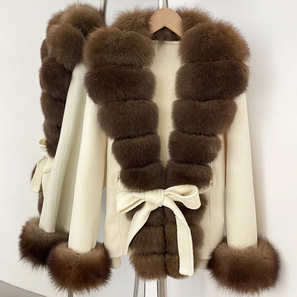 OFTBUY New Luxury Warm Winter Clothing with Natural Fox Fur Women 100% Wool Coat Belted Waist Real Fox Fur Woolen Jacket Female