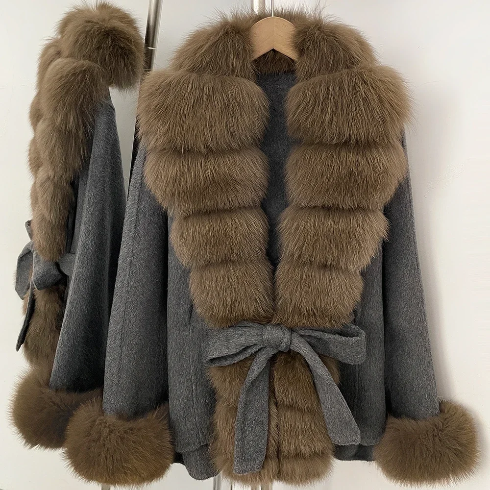 OFTBUY New Luxury Warm Winter Clothing with Natural Fox Fur Women 100% Wool Coat Belted Waist Real Fox Fur Woolen Jacket Female