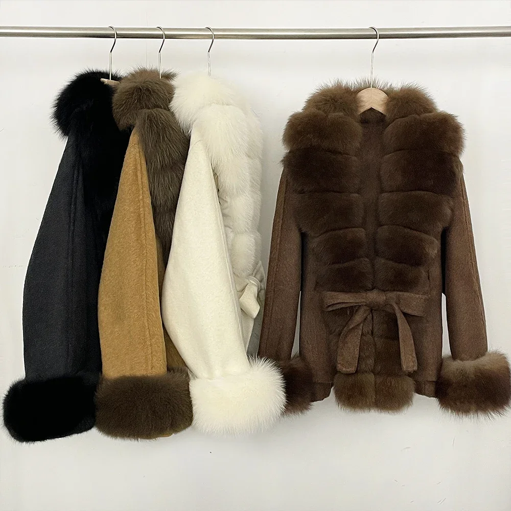 OFTBUY New Luxury Warm Winter Clothing with Natural Fox Fur Women 100% Wool Coat Belted Waist Real Fox Fur Woolen Jacket Female