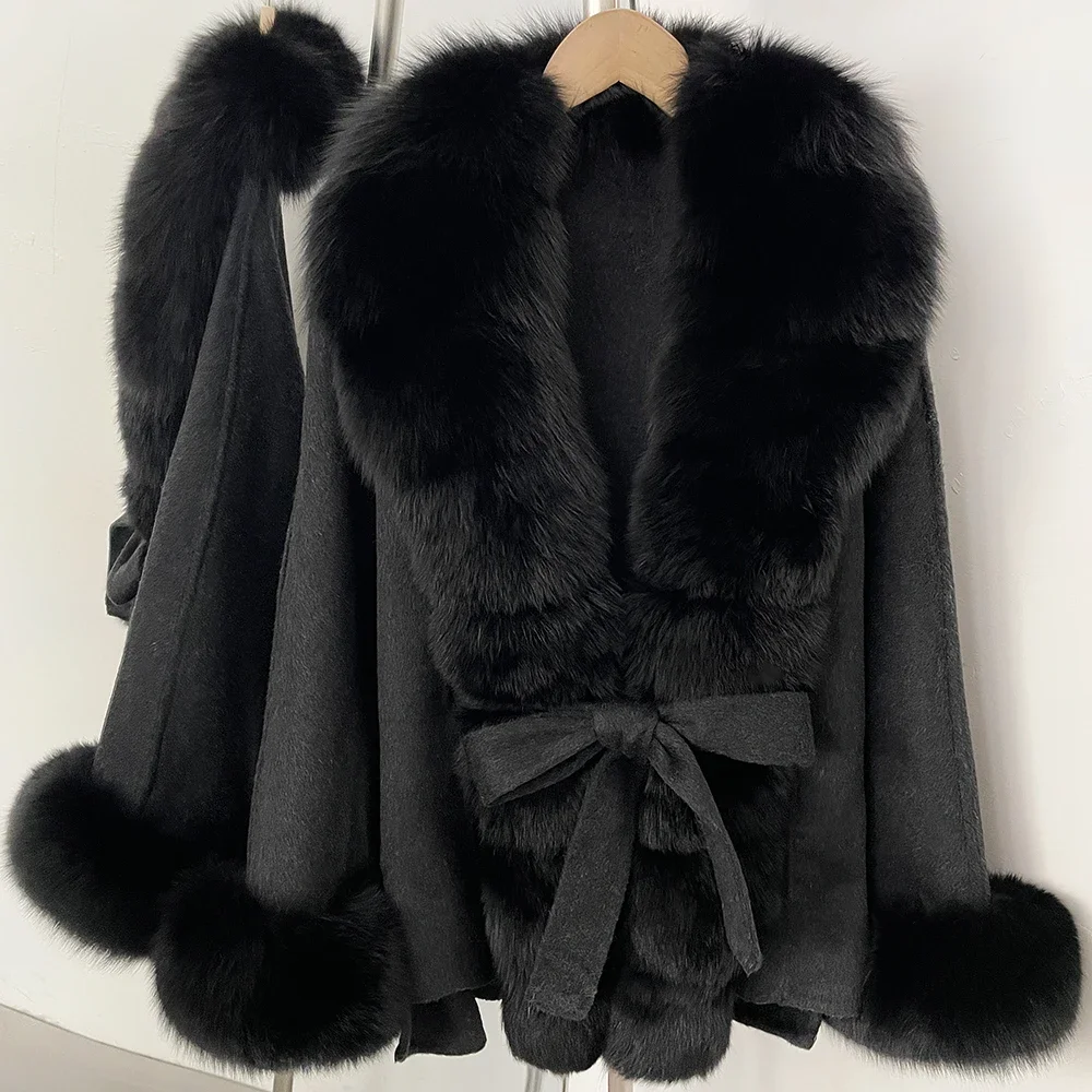 OFTBUY New Luxury Warm Winter Clothing with Natural Fox Fur Women 100% Wool Coat Belted Waist Real Fox Fur Woolen Jacket Female