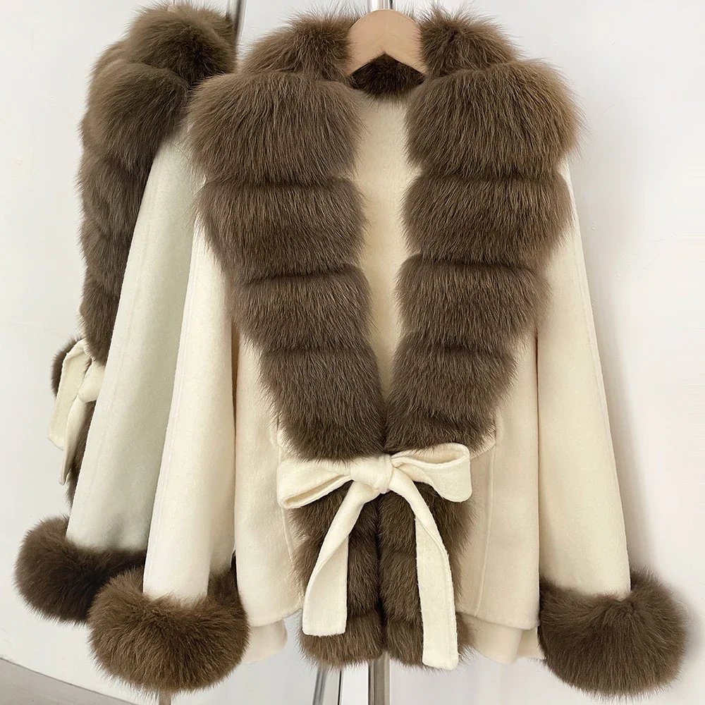 OFTBUY New Luxury Warm Winter Clothing with Natural Fox Fur Women 100% Wool Coat Belted Waist Real Fox Fur Woolen Jacket Female