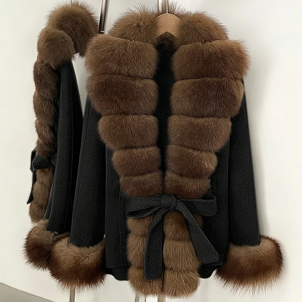 OFTBUY New Luxury Warm Winter Clothing with Natural Fox Fur Women 100% Wool Coat Belted Waist Real Fox Fur Woolen Jacket Female