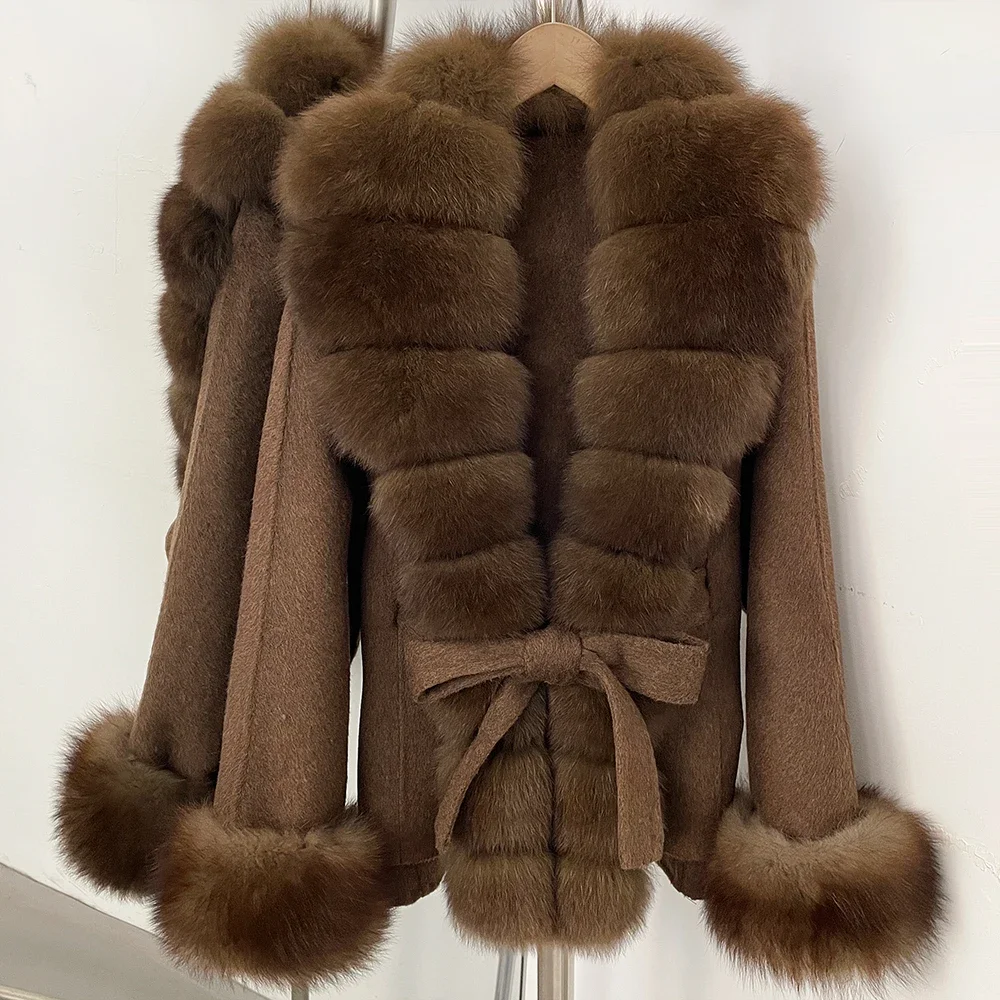OFTBUY New Luxury Warm Winter Clothing with Natural Fox Fur Women 100% Wool Coat Belted Waist Real Fox Fur Woolen Jacket Female
