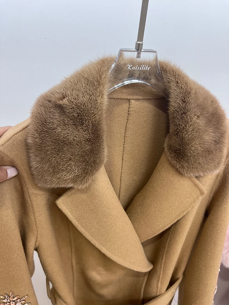 2023 Women Ladies Natural Real Mink Fur Coat Cashmere Wool Woolen Outerwear Winter Jacket