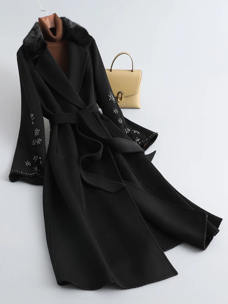 2023 Women Ladies Natural Real Mink Fur Coat Cashmere Wool Woolen Outerwear Winter Jacket