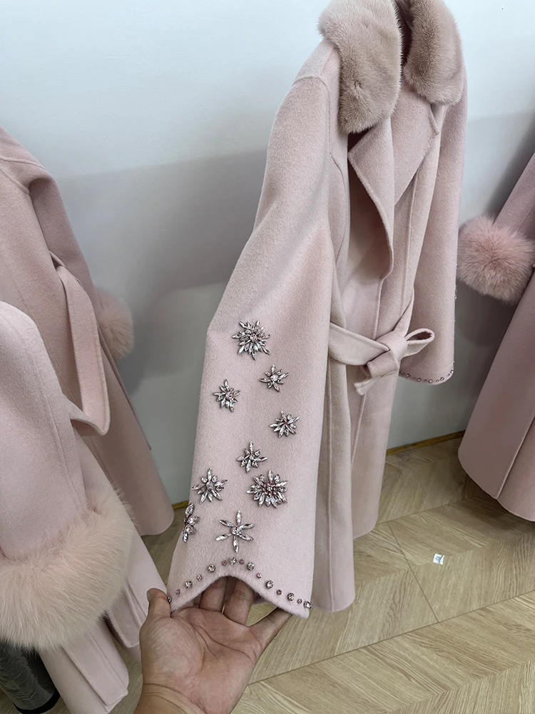 2023 Women Ladies Natural Real Mink Fur Coat Cashmere Wool Woolen Outerwear Winter Jacket