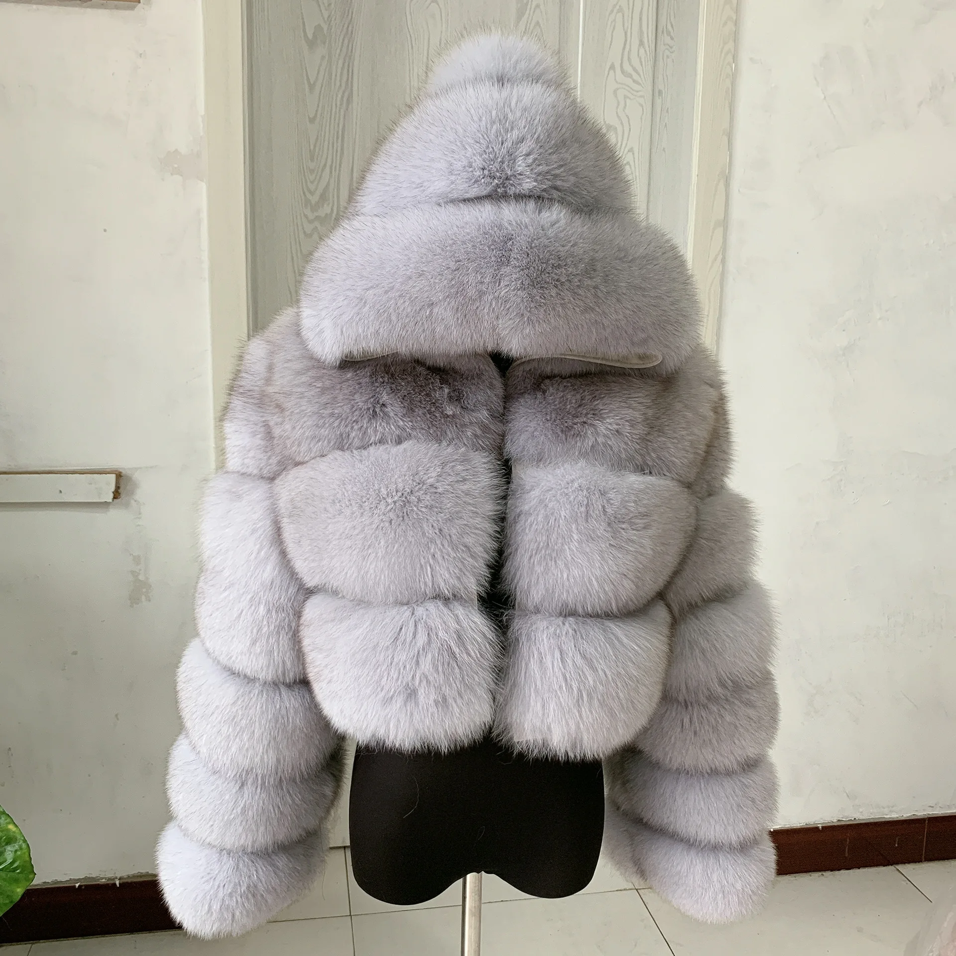 HUAQIUMEISI Natural Fox Fur Hooded Jacket New High Street Women Winter Real Fox Natural Raccoon Fur 3 Rows Hooded Fur Coat