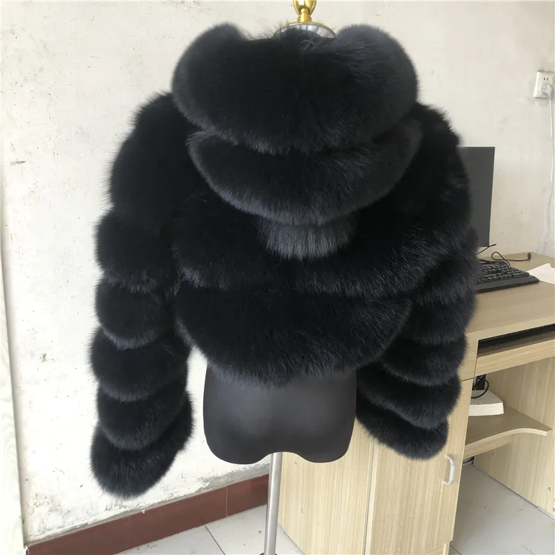 HUAQIUMEISI Natural Fox Fur Hooded Jacket New High Street Women Winter Real Fox Natural Raccoon Fur 3 Rows Hooded Fur Coat