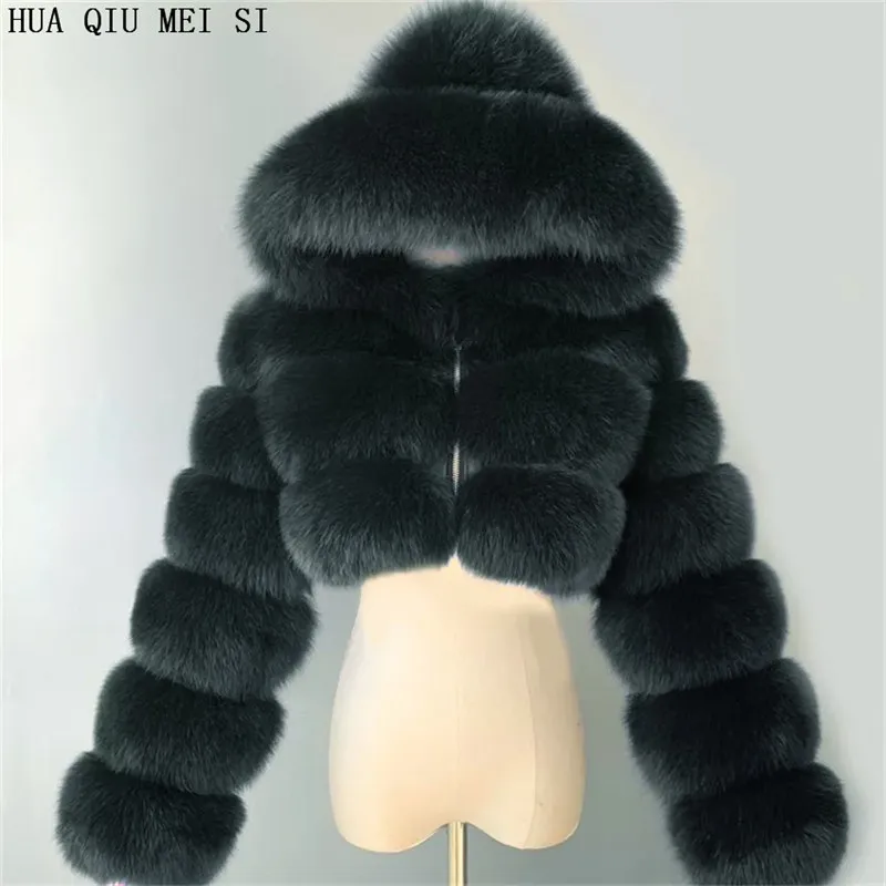 HUAQIUMEISI Natural Fox Fur Hooded Jacket New High Street Women Winter Real Fox Natural Raccoon Fur 3 Rows Hooded Fur Coat