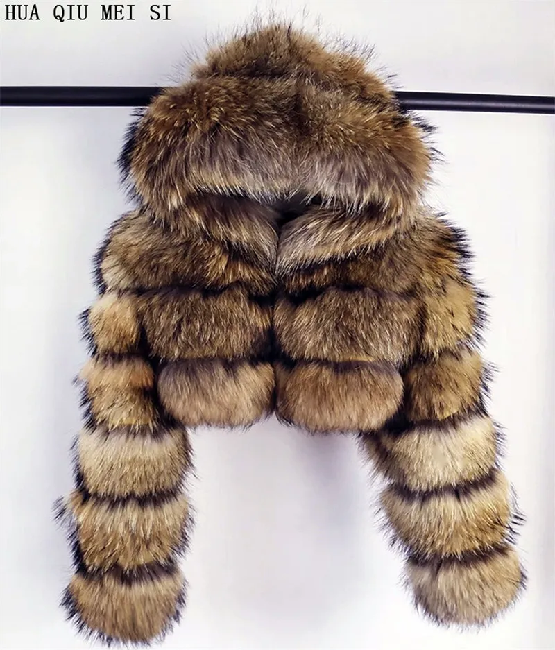 HUAQIUMEISI Natural Fox Fur Hooded Jacket New High Street Women Winter Real Fox Natural Raccoon Fur 3 Rows Hooded Fur Coat