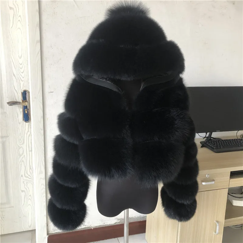 HUAQIUMEISI Natural Fox Fur Hooded Jacket New High Street Women Winter Real Fox Natural Raccoon Fur 3 Rows Hooded Fur Coat
