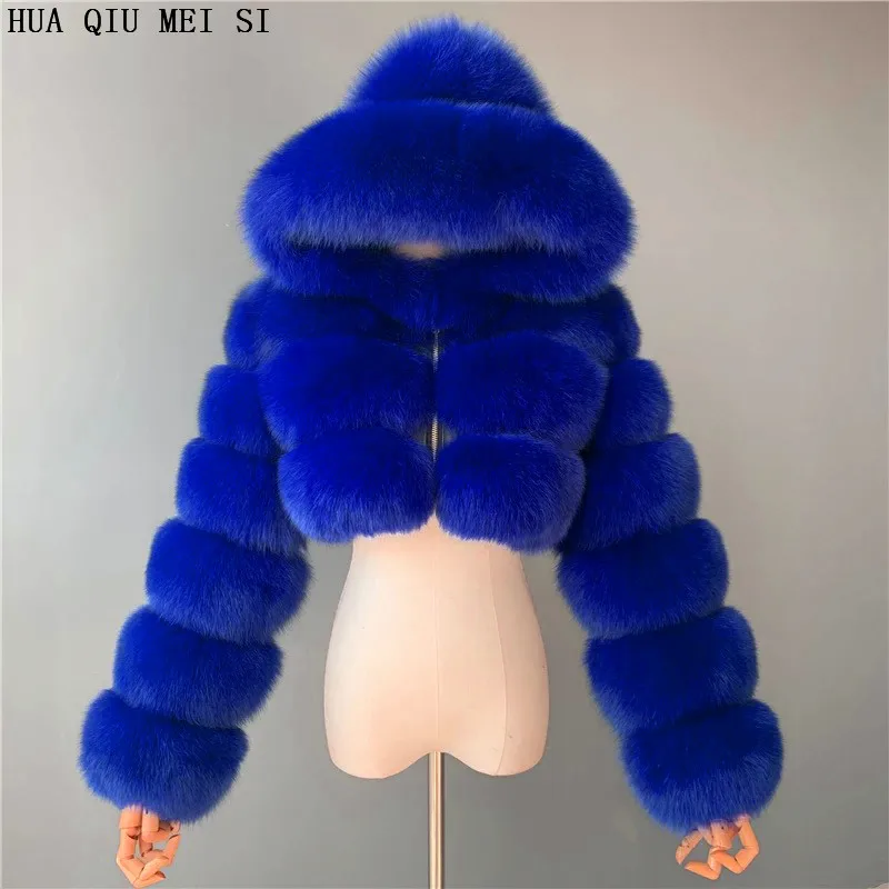 HUAQIUMEISI Natural Fox Fur Hooded Jacket New High Street Women Winter Real Fox Natural Raccoon Fur 3 Rows Hooded Fur Coat