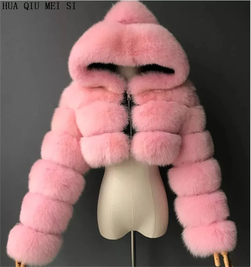 HUAQIUMEISI Natural Fox Fur Hooded Jacket New High Street Women Winter Real Fox Natural Raccoon Fur 3 Rows Hooded Fur Coat