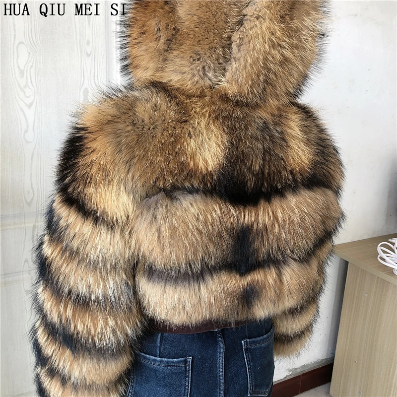 HUAQIUMEISI Natural Fox Fur Hooded Jacket New High Street Women Winter Real Fox Natural Raccoon Fur 3 Rows Hooded Fur Coat