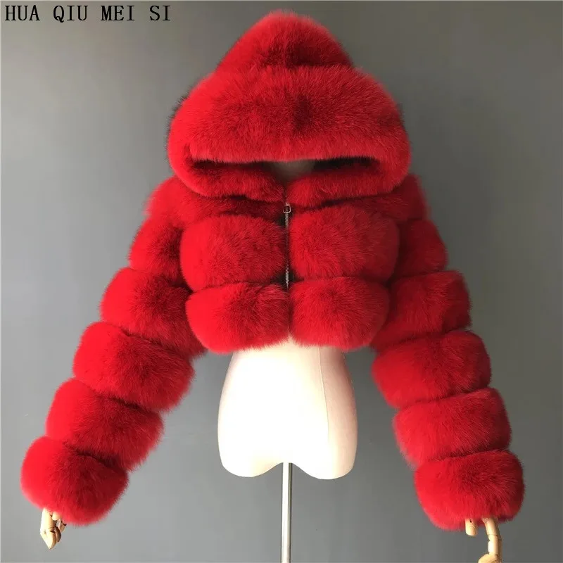 HUAQIUMEISI Natural Fox Fur Hooded Jacket New High Street Women Winter Real Fox Natural Raccoon Fur 3 Rows Hooded Fur Coat