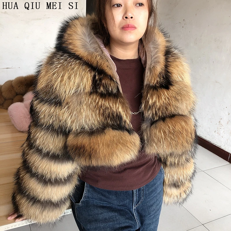 HUAQIUMEISI Natural Fox Fur Hooded Jacket New High Street Women Winter Real Fox Natural Raccoon Fur 3 Rows Hooded Fur Coat